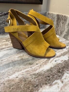 Marc Fisher Mustard Suede Peep-Toe Wedge Sandals